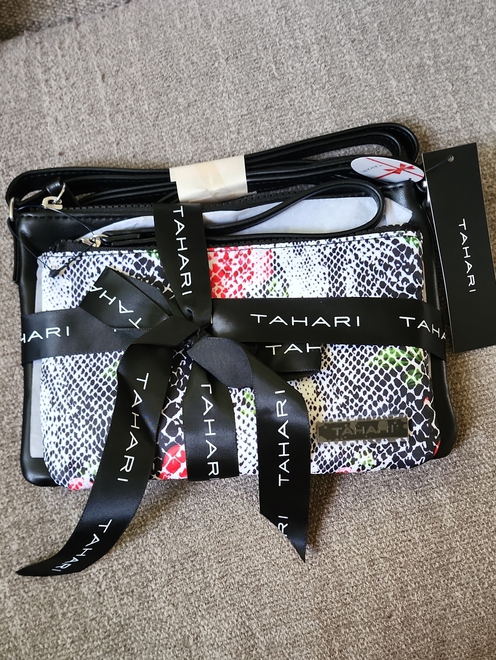 Tahari Black Floral Snake-Print Crossbody with Color Accents